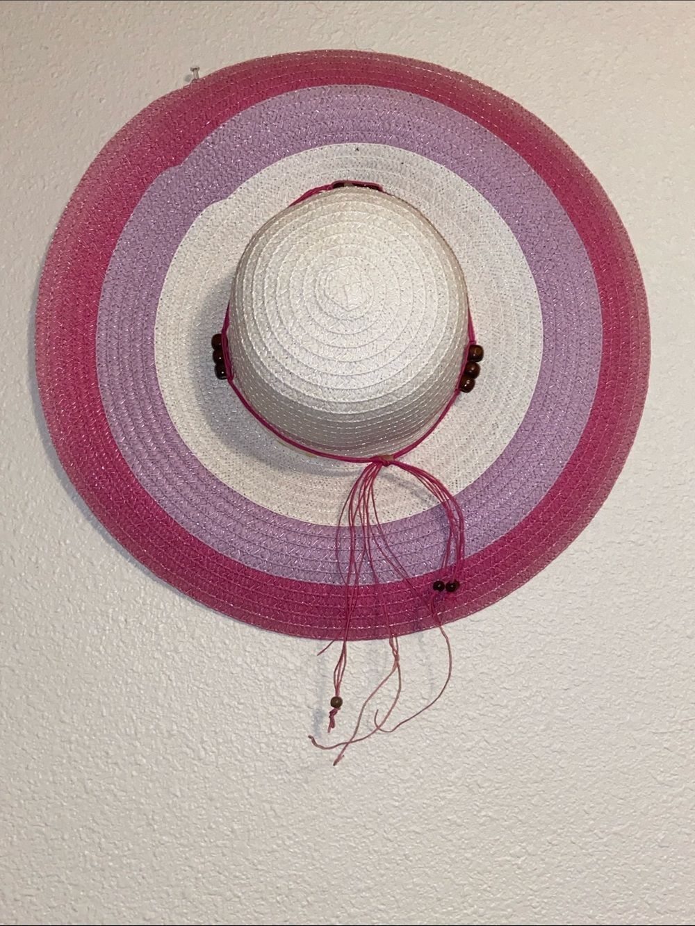 Chic Pink and White Sun Hat with Beaded Trim One Size